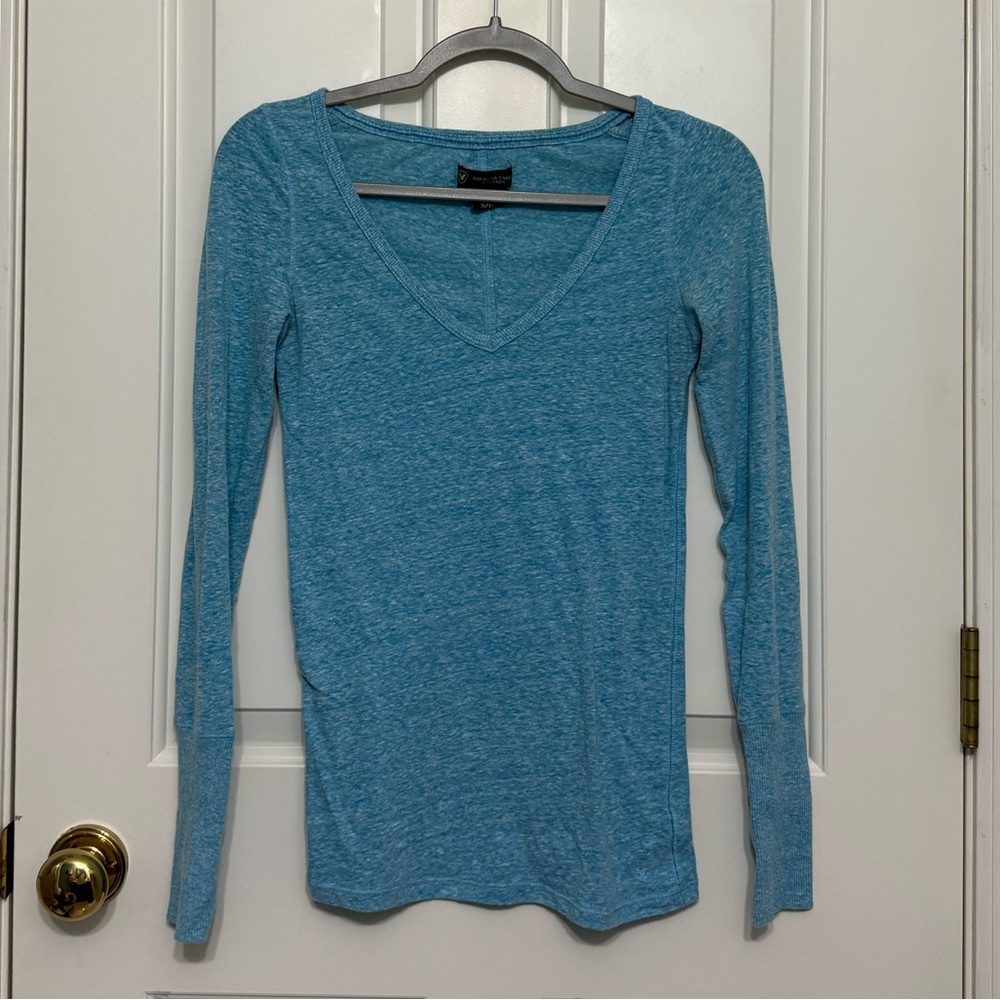 American Eagle Outfitters Teal V-Neck Long Sleeve Blouse
